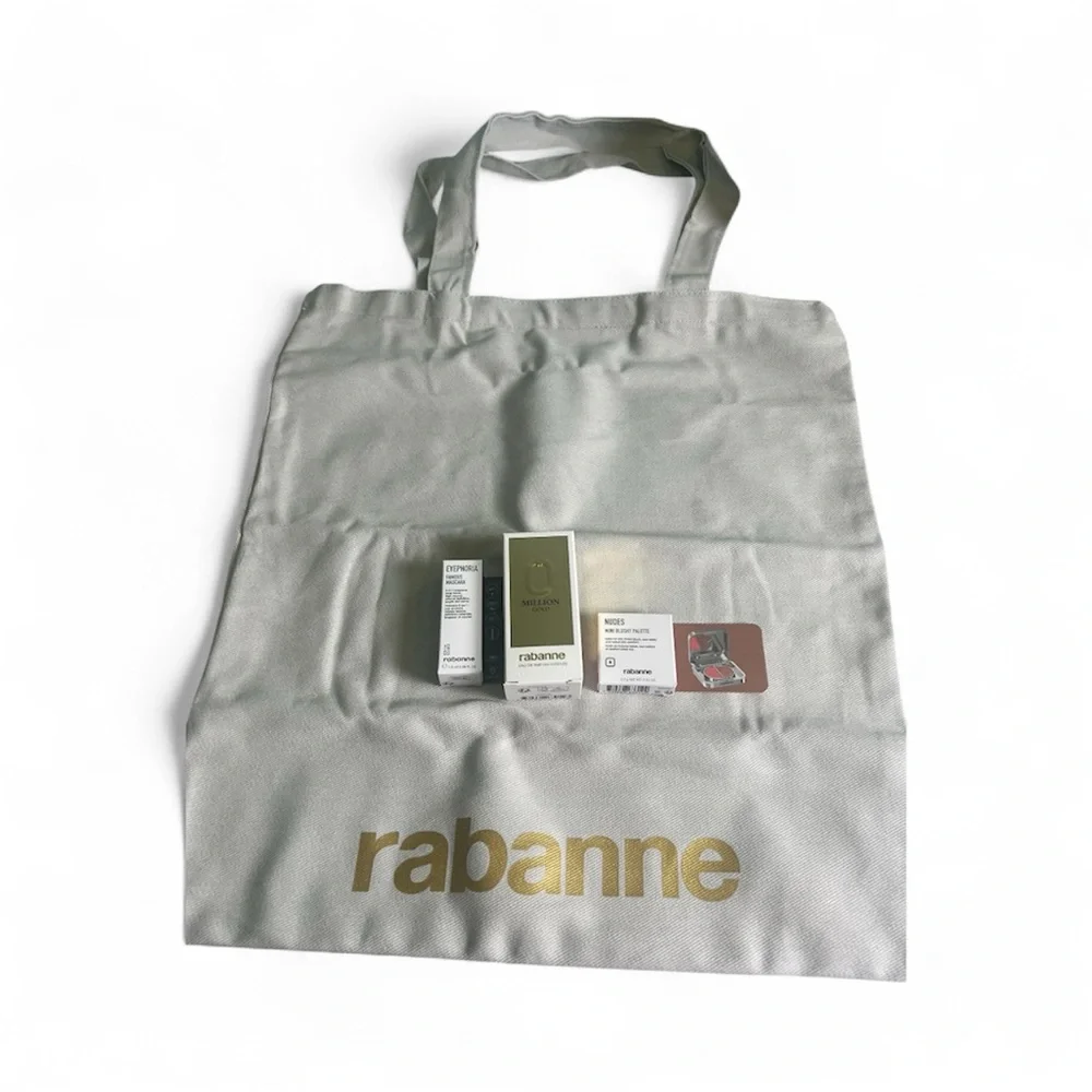 Rabanne Tote Bag with Perfume Sample, Mascara $ Blush Sample